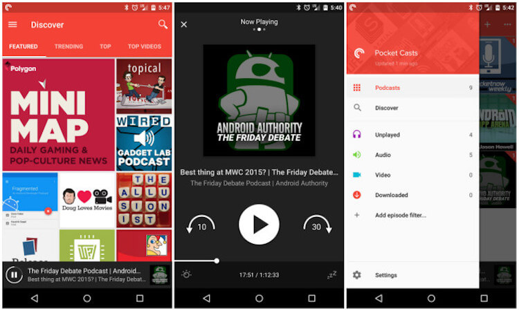 Приложения для прослушивания подкастов на Android-устройстве. Pocket Casts. Фото.