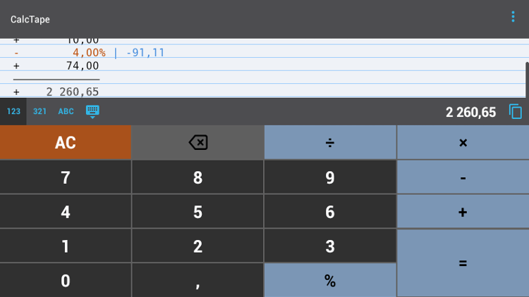 CalcTape — весь ход вычислений отображается на экране. CalcTape — весь ход вычислений отображается на экране. Фото.