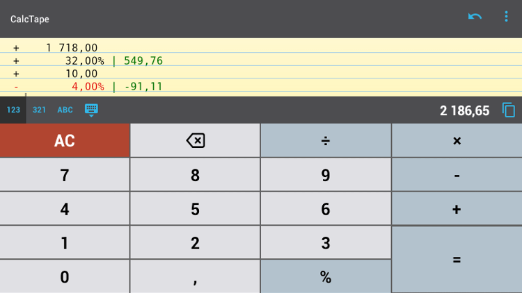 CalcTape — весь ход вычислений отображается на экране. CalcTape — весь ход вычислений отображается на экране. Фото.