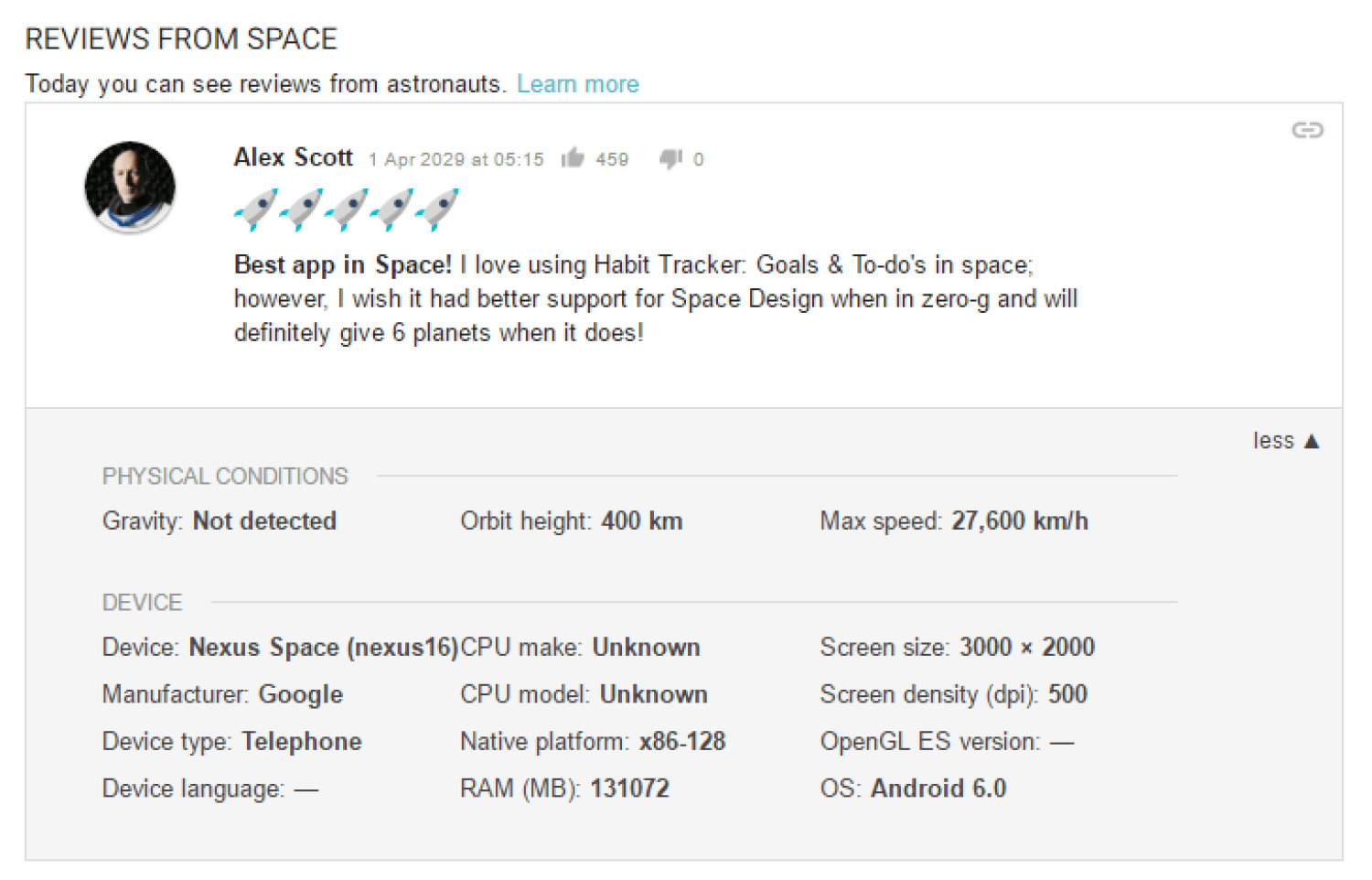 Google подшучивает над разработчиками, оставляя отзывы из космоса. Фото.