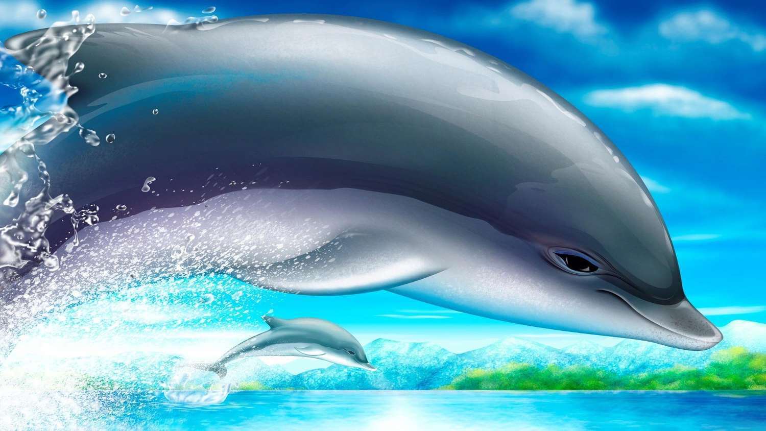 Дельфин убирает с экрана разноцветные шарики. Фото.