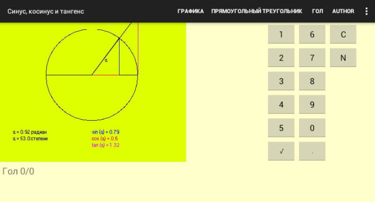 Графический калькулятор синуса, косинуса и тангенса угла. Фото.