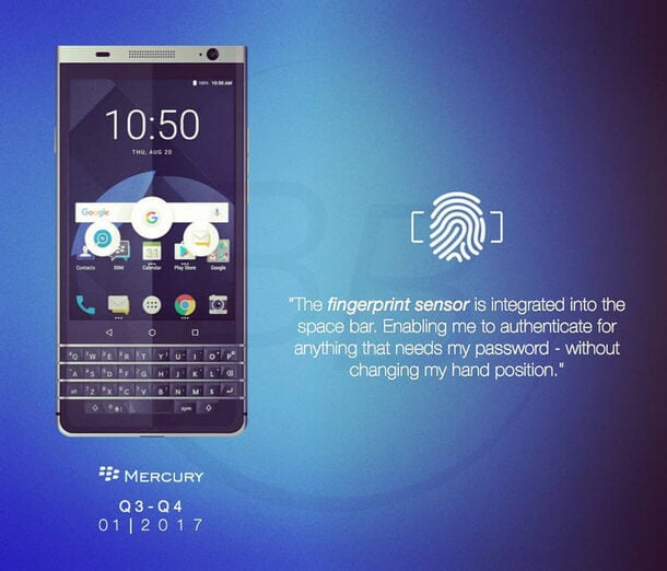 Рендеры BlackBerry Mercury со сканером отпечатков пальцев в кнопке пробела? Фото.