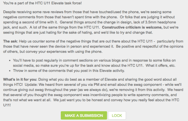 HTC просит фанатов писать хорошие отзывы о U11 в Интернете.. Фото.