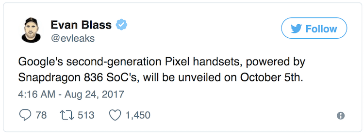 Эван Бласс раскрыл дату анонса Pixel 2. Фото.