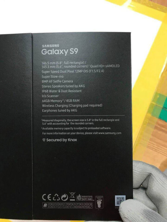 В Сети появилось фото коробки Galaxy S9 со спецификациями. Фото.