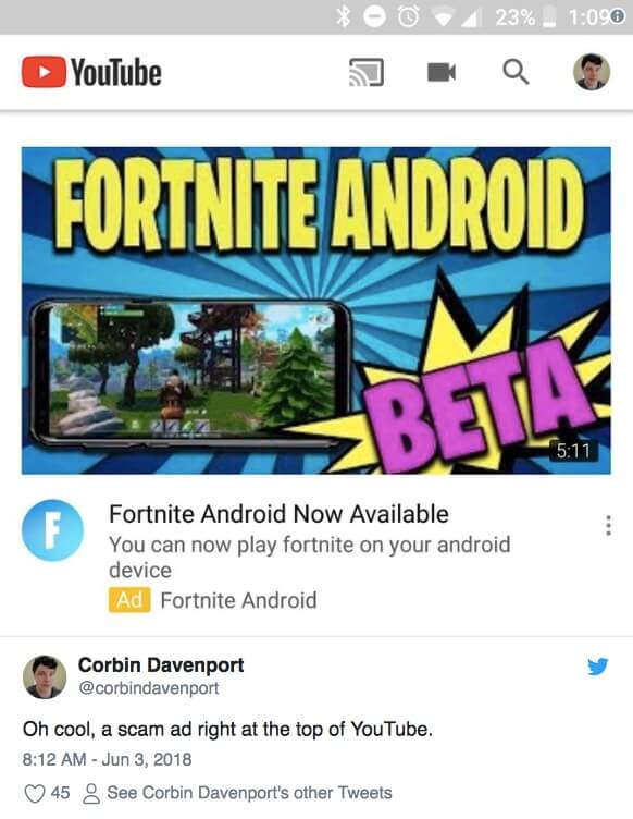 Осторожно, скам. Мошенники рекламируют поддельный Fortnite для Android на YouTube. Фото.