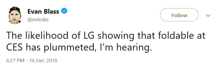 Эван Бласс уже считает анонс сгибаемого смартфона LG на CES 2019 маловероятным