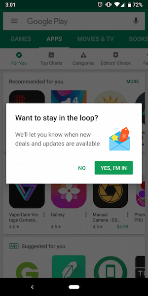 Google Play научился оповещать пользователя о новинках и спецпредложениях. Фото.