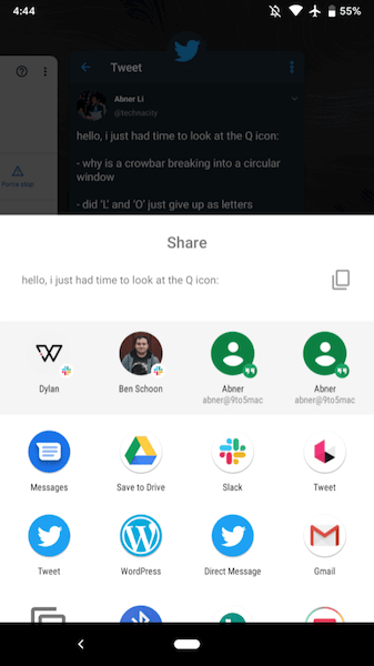 Подборка главных нововведений первой бета-версии Android Q. Меню «Поделиться». Фото.