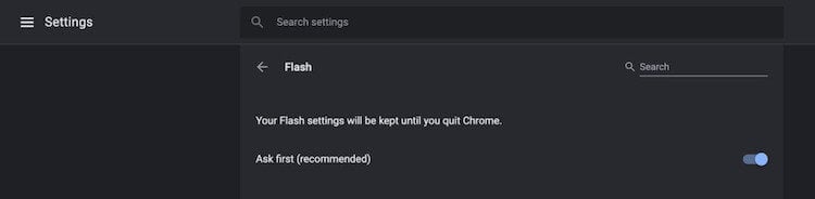 Google Chrome научился отображать сайты в темном режиме. Flash заблокирован по умолчанию для всех сайтов. Фото.
