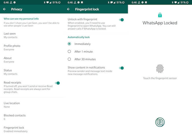 Как защитить WhatsApp на Android отпечатком пальца. Как заблокировать WhatsApp. Фото.