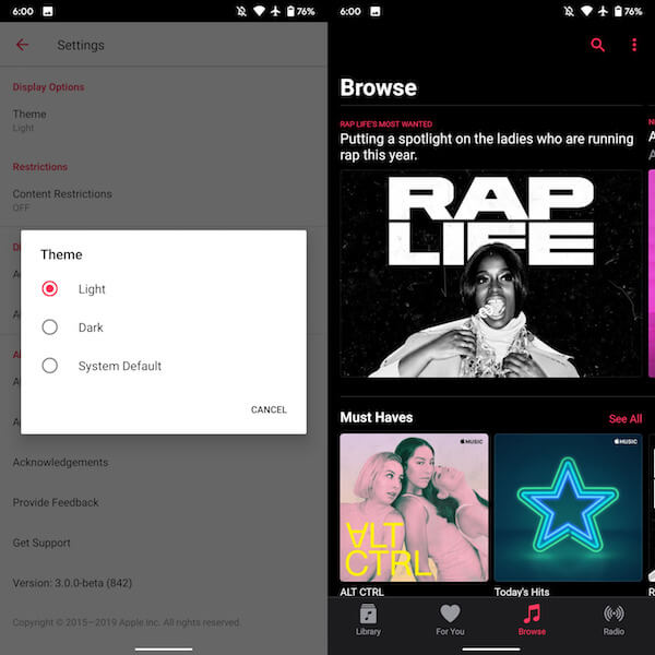 Как выглядит ночная тема в Apple Music для Android. Как включить ночную тему в Apple Music на Android. Фото.