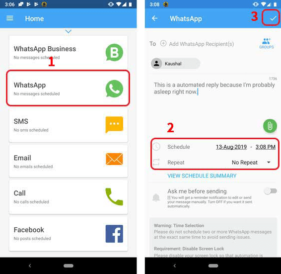 Как запланировать отправку WhatsАpp-сообщений на Android. SKEDit. Фото.