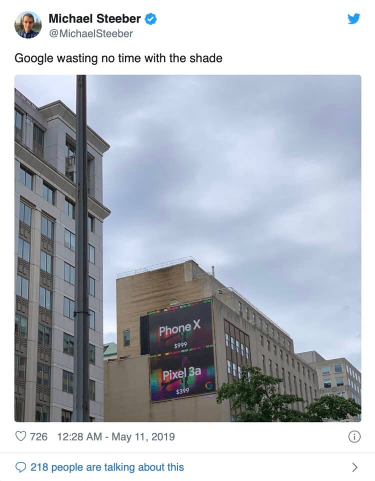 2019 год: Google начинает дразнить iPhone X. Пример креативной рекламы. Фото.