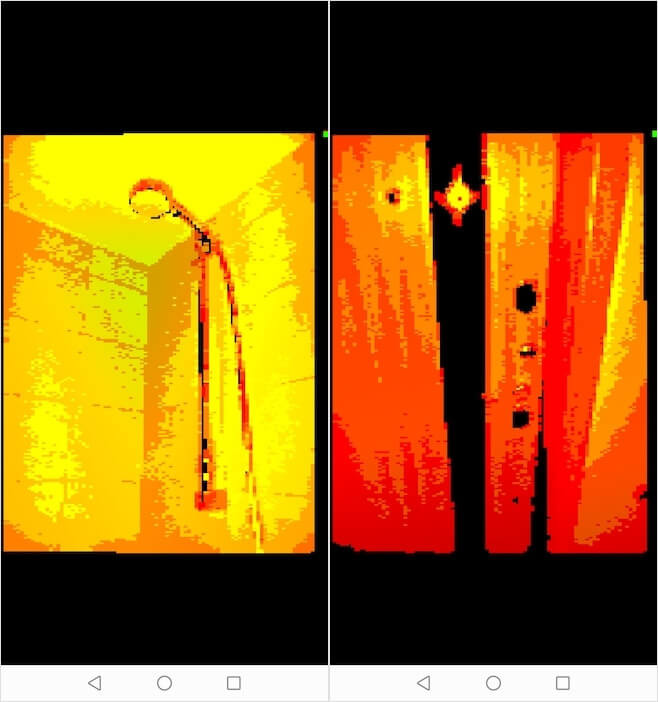 Ночная съёмка на Android. Слева — ванная в полной темноте, справа — входная дверь под боковым источником естественного освещения. Фото.
