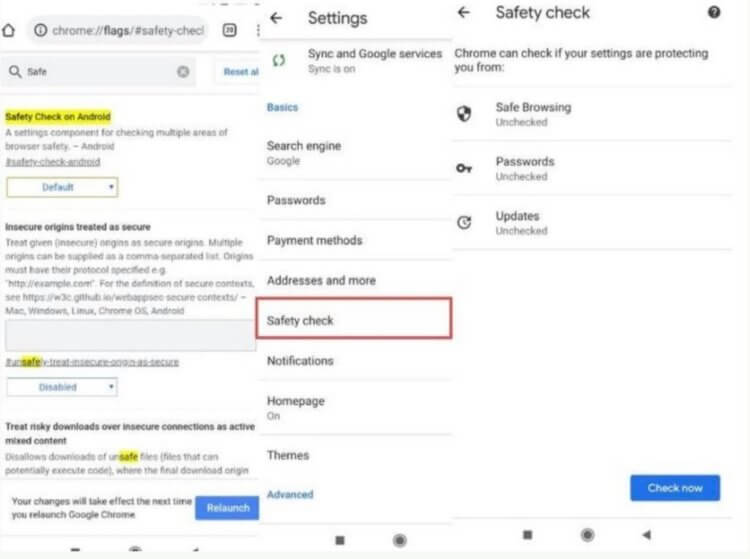Новые функции мобильного Google Chrome. Защитные функции можно включить только в тестовой версии Chrome. Фото.