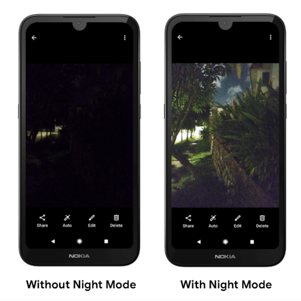 Ночной режим съёмки в Google Camera. Слева — снимок в авторежиме, справа — в ночном. Фото.