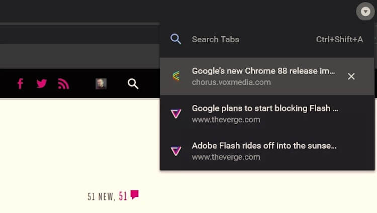 Стоит ли обновлять Google Chrome. В Chrome 88 появился поиск по вкладкам, но его нужно включить в экспериментальном меню. Фото.