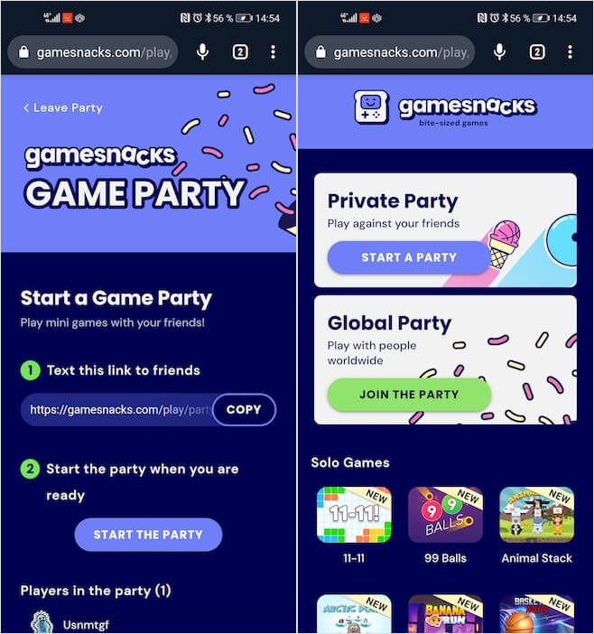 Чем заменить Google Play на Android. В GameSnacks есть как одиночный, так и групповой режимы игры. Фото.