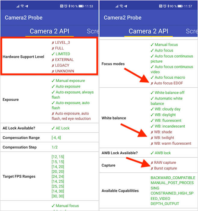 Как узнать, есть ли поддержка Camera2 API. Слева — вид поддержки Camera2 API, справа — ограничения. Фото.