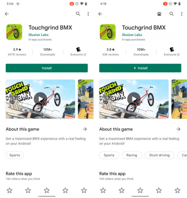 Зачем нужны обновления сервисов Google Play. Слева — как выглядела кнопка установки раньше, справа — как она будет выглядеть у игр с быстрой установкой. Фото.
