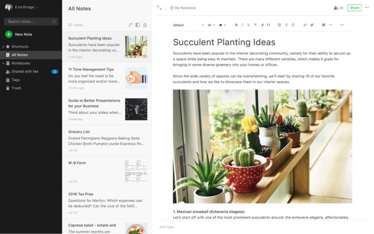 Интерфейс в Evernote располагает. Ничего лишнего. Фото.