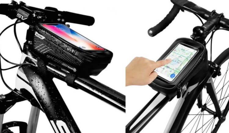 Держатель смартфона для велосипеда. Идеальный держатель, который надежно крепится, а смартфон в нем не промокнет. Фото.
