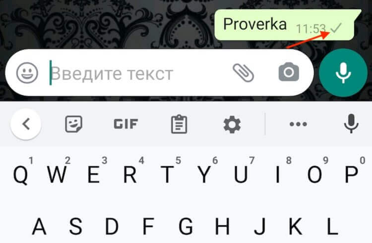 Проверка онлайн-статуса в WhatsApp. Если галочка одна, скорее всего, телефон абонента выключен. Фото.