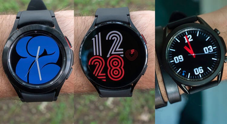 Внешний вид часов Samsung. Слева направо: Galaxy Watch 4 Classic, Galaxy Watch 4, Galaxy Watch 3. Фото.