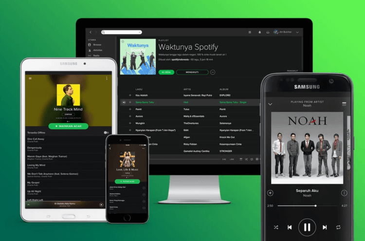 Самый популярный музыкальный сервис на Андроид. В Spotify можно слушать музыку с любого устройства. Фото.
