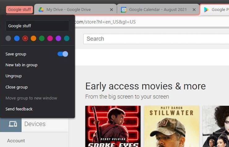 Что нового в Google Chrome. Теперь вы сможете сохранять группы вкладок в Chrome. Фото.