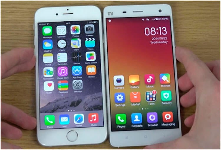 Xiaomi копирует iPhone. Xiaomi Mi 4 и iPhone 5S. Сходство не стопроцентное, но оно есть. Фото.