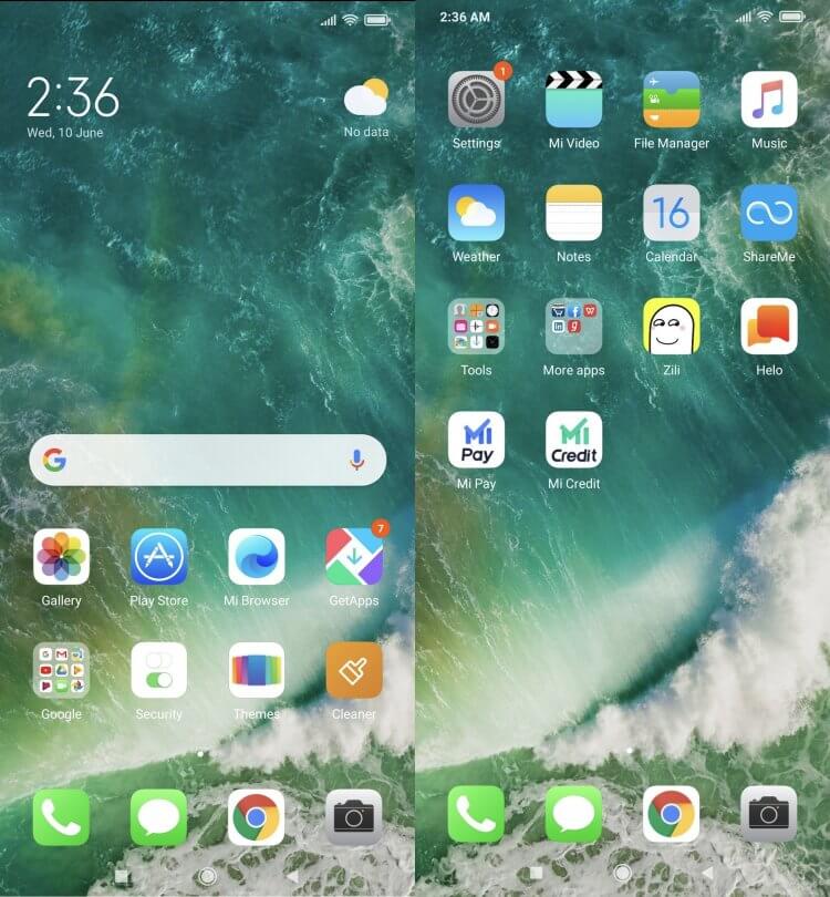 iOS на Xiaomi. Обои из iOS очень хорошо дополняют иконки. Фото.