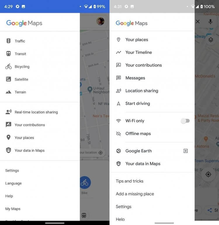 Android Go — приложения. Интерфейс Google Maps Go (слева) и Google Maps (справа). Фото.