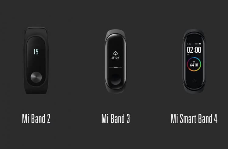 Mi Band 4 — часы с NFC. Вот, как выглядит Mi Band 4 на фоне предыдущих моделей с дисплеями. Фото.