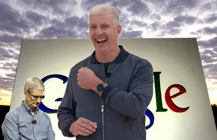 Всё, что известно о часах Google Pixel Watch перед релизом. Вице-президент Google Рик Остерло показывает умные часы Pixel Watch Тиму Куку. Фото.