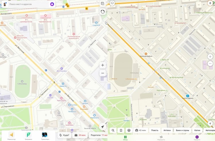 2ГИС или Яндекс Карты. В целом карты выглядят одинаково. Вот только парковок у 2ГИС справа на скриншоте в разы больше. Фото.