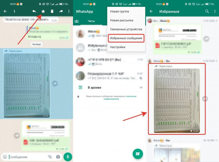 Избранные сообщения в Ватсап. Избранные сообщения тоже позволяют удобно хранить переписки. Фото.