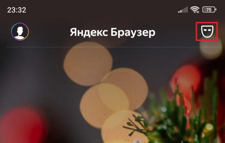 Режим инкогнито в Яндекс на телефоне. Эта кнопка отображается только на главной странице браузера. Фото.