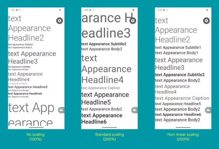 Что нового в Андроид 14. Будет увеличиваться не весь текст, а только мелкий. Слева на скриншоте оригинал, а справа — работа нелинейного масштабирования. Фото.
