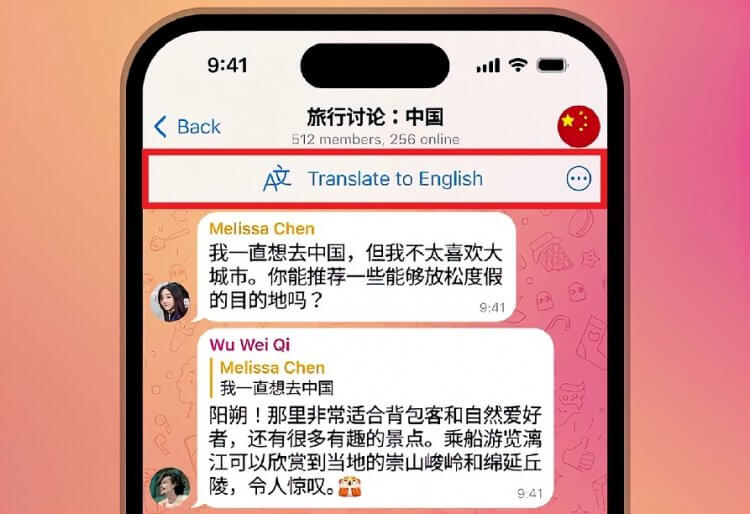 Перевод чатов Телеграм. Вы можете перевести сообщения в чате на любой из доступных языков. Фото.