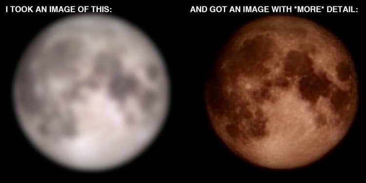 Как сфотографировать Луну на телефон. Слева — то, как выглядит сжатое до невозможности изображение Луны, а справа — то, как его видит камера Samsung. Фото.