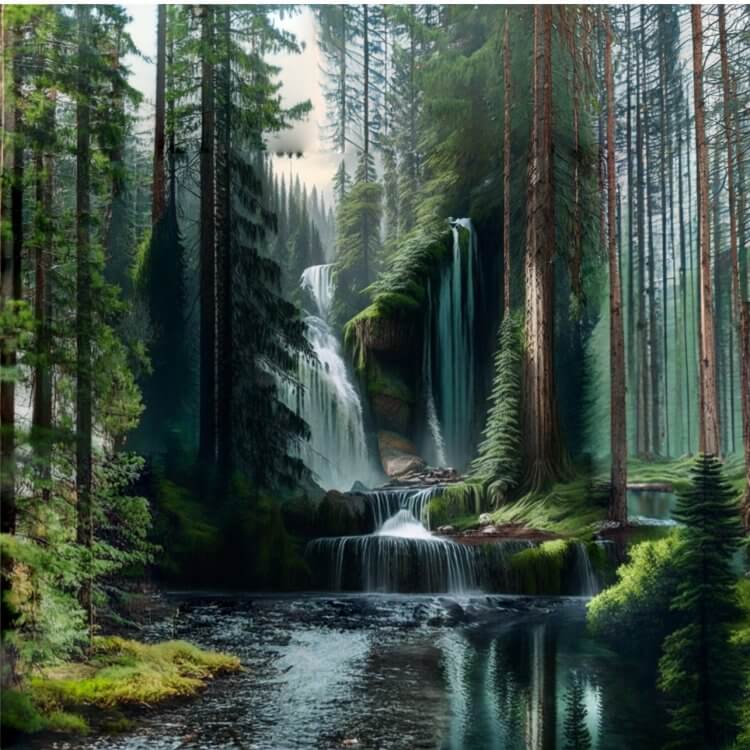 Нейросеть дорисовывает изображения. Вот такой прикольный лес с водопадом и рекой у меня получился. Фото.
