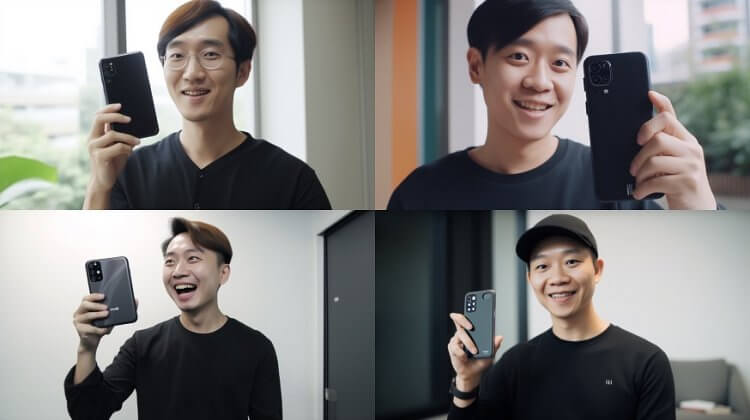 Генерация картинок нейросетью. Так Midjourney видит счастливого человека, держащего в руках смартфон Xiaomi 12T Pro черного цвета. Фото.