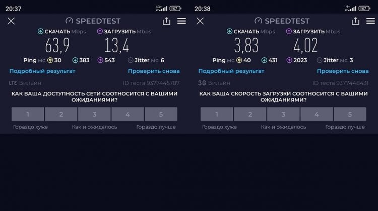 Экономия трафика на Андроид. Разница в скорости 4G (слева) и 3G (справа) существенная, но даже возможностей H+ хватит для просмотра потокового видео. Фото.