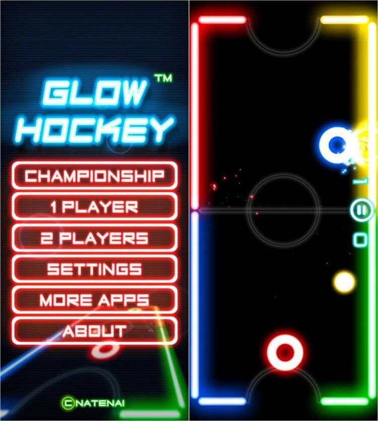 Glow Hockey — аэрохоккей на Андроид. Этот аэрохоккей для телефона точно не оставит вас равнодушным. Фото.