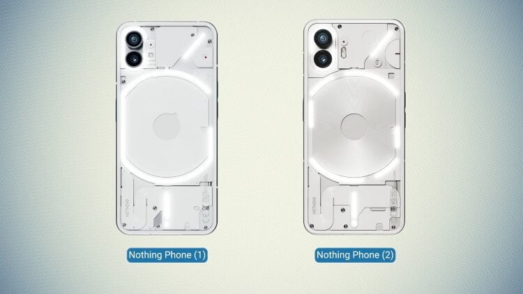 Сравнение дизайна Nothing Phone 1 и 2. Дизайн белой версии. Фото.