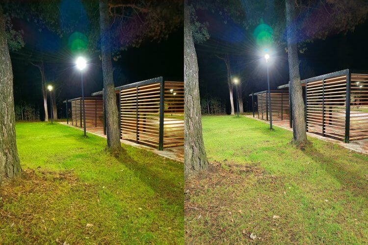 Infinix ZERO 30 5G — смартфон с хорошей камерой. Слева — снимок в авторежиме, справа — в ночном. Обратите внимание на траву, текстуру дерева и работу с источниками искусственного света. Фото.