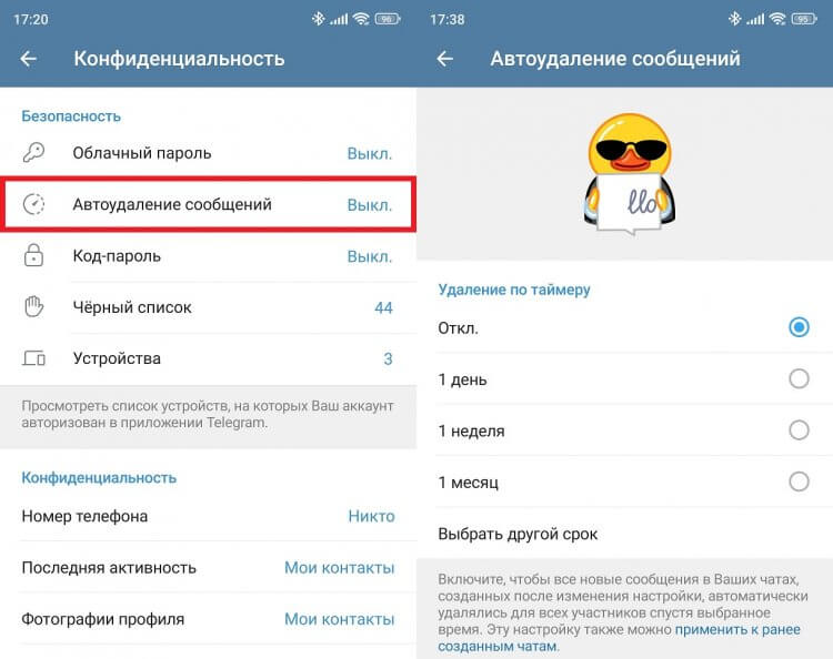 Автоудаление сообщений в Телеграм. Автоудаление помогает замести цифровой след. Фото.